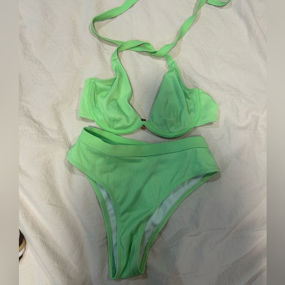 Ribbed High-Waist Bikini Set in Light Green - Women Swim